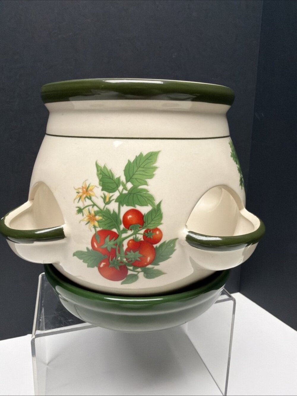 Herb Succulent Planter Ceramic Pottery Tomato Strawberry Pot Attached Saucer VTG